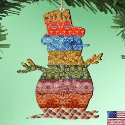 Designocracy Snowmen>Set Of 2 Quilted Snowman Wooden Christmas Ornaments 5.5"