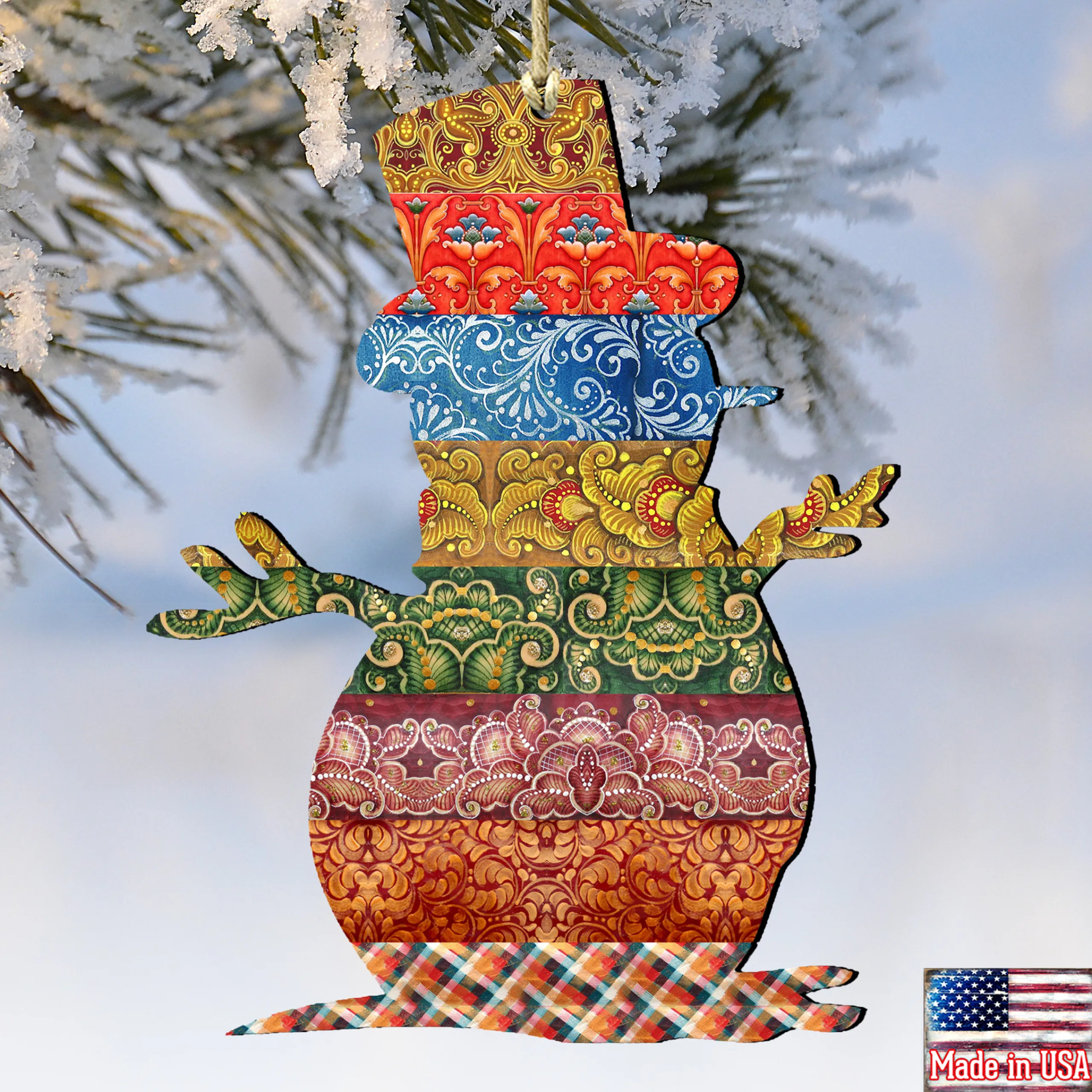 Designocracy Snowmen>Set Of 2 Quilted Snowman Wooden Christmas Ornaments 5.5"