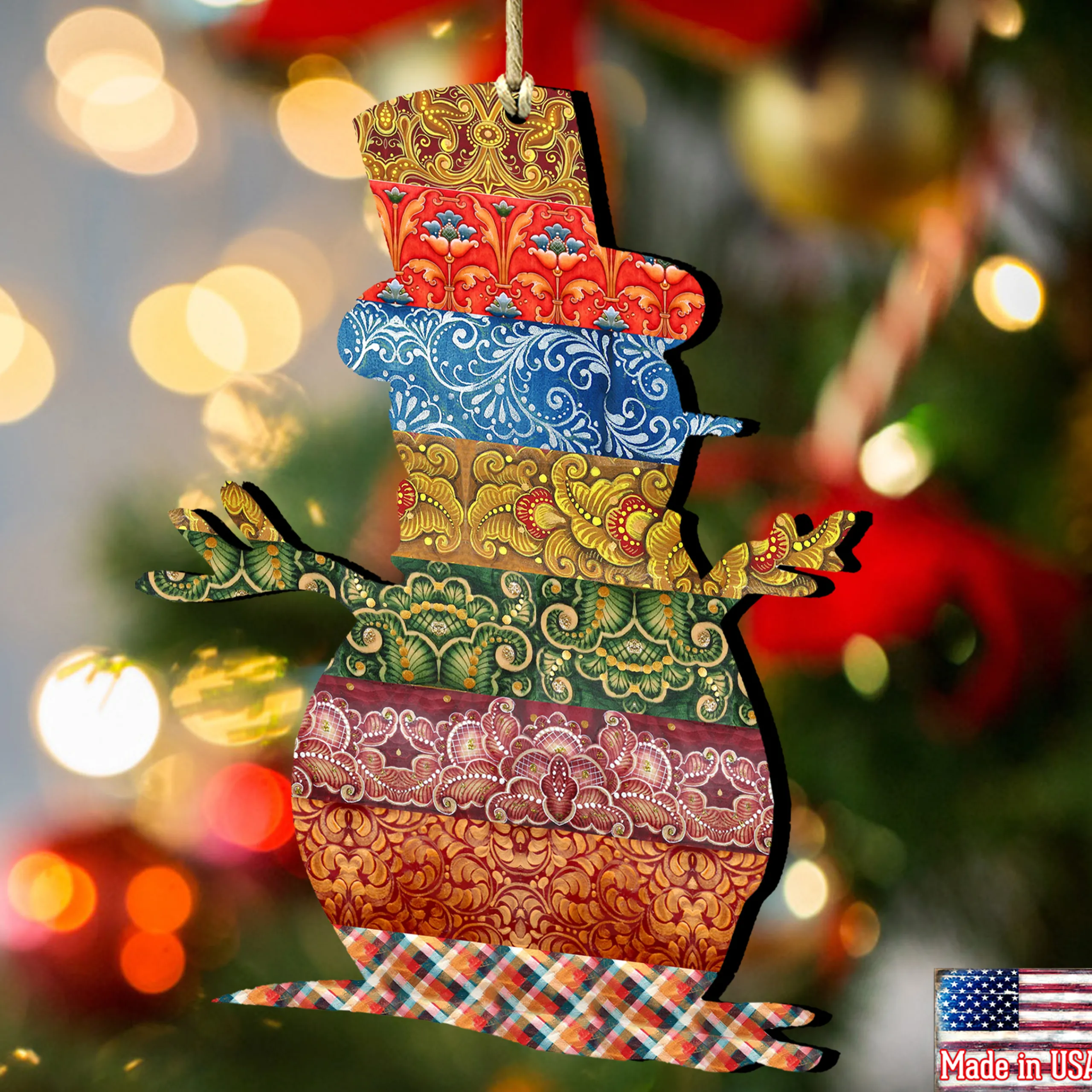 Designocracy Snowmen>Set Of 2 Quilted Snowman Wooden Christmas Ornaments 5.5"