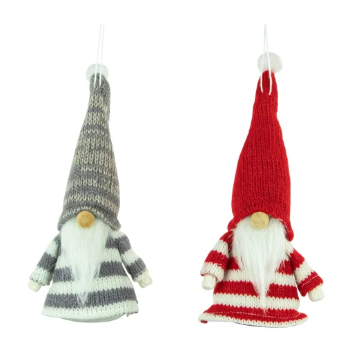 Northlight Fantasy & Sci Fi>Set Of 2 Red And Gray Striped Gnome Plush Christmas Ornaments 6.25"