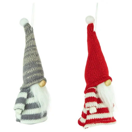 Northlight Fantasy & Sci Fi>Set Of 2 Red And Gray Striped Gnome Plush Christmas Ornaments 6.25"