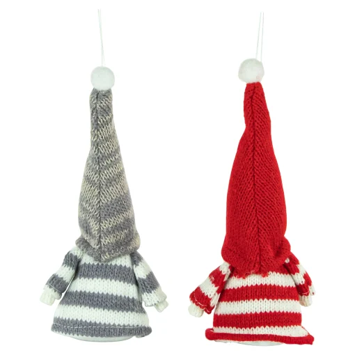 Northlight Fantasy & Sci Fi>Set Of 2 Red And Gray Striped Gnome Plush Christmas Ornaments 6.25"