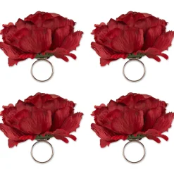 Contemporary Home Living Set Of 4 Red Peony Flower Designed Napkin Rings 5"