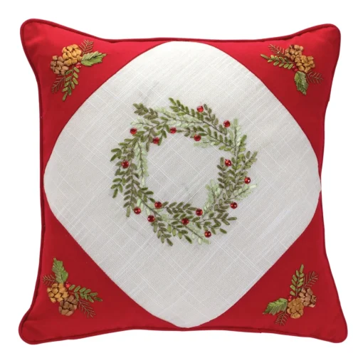 Pillows & Throws*Melrose Set Of 2 Red Tree And Wreath Christmas Square Floral Throw Pillows 15.5"
