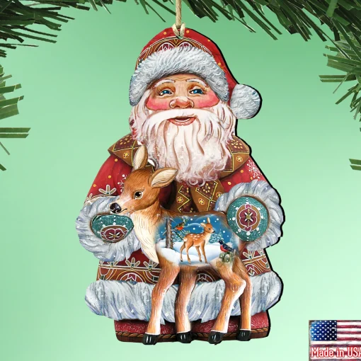 Designocracy Santa Claus>Set Of 2 Santa Claus Fawn Wooden Christmas Ornaments 5.5"