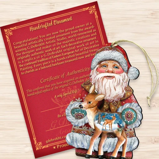 Designocracy Santa Claus>Set Of 2 Santa Claus Fawn Wooden Christmas Ornaments 5.5"