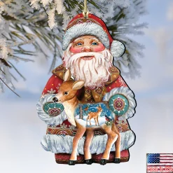 Designocracy Santa Claus></noscript>Set Of 2 Santa Claus Fawn Wooden Christmas Ornaments 5.5