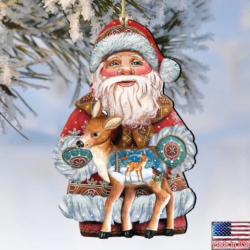 Designocracy Santa Claus>Set Of 2 Santa Claus Fawn Wooden Christmas Ornaments 5.5"