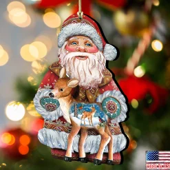 Designocracy Santa Claus></noscript>Set Of 2 Santa Claus Fawn Wooden Christmas Ornaments 5.5