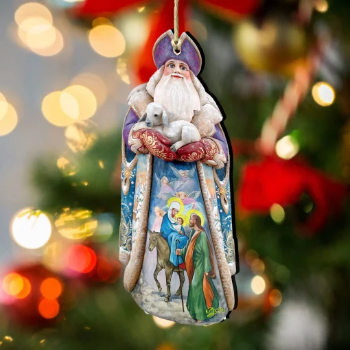 Designocracy Santa Claus>Set Of 2 Santa Goat And The Guardian Angels Wooden Christmas Ornaments 5.5"