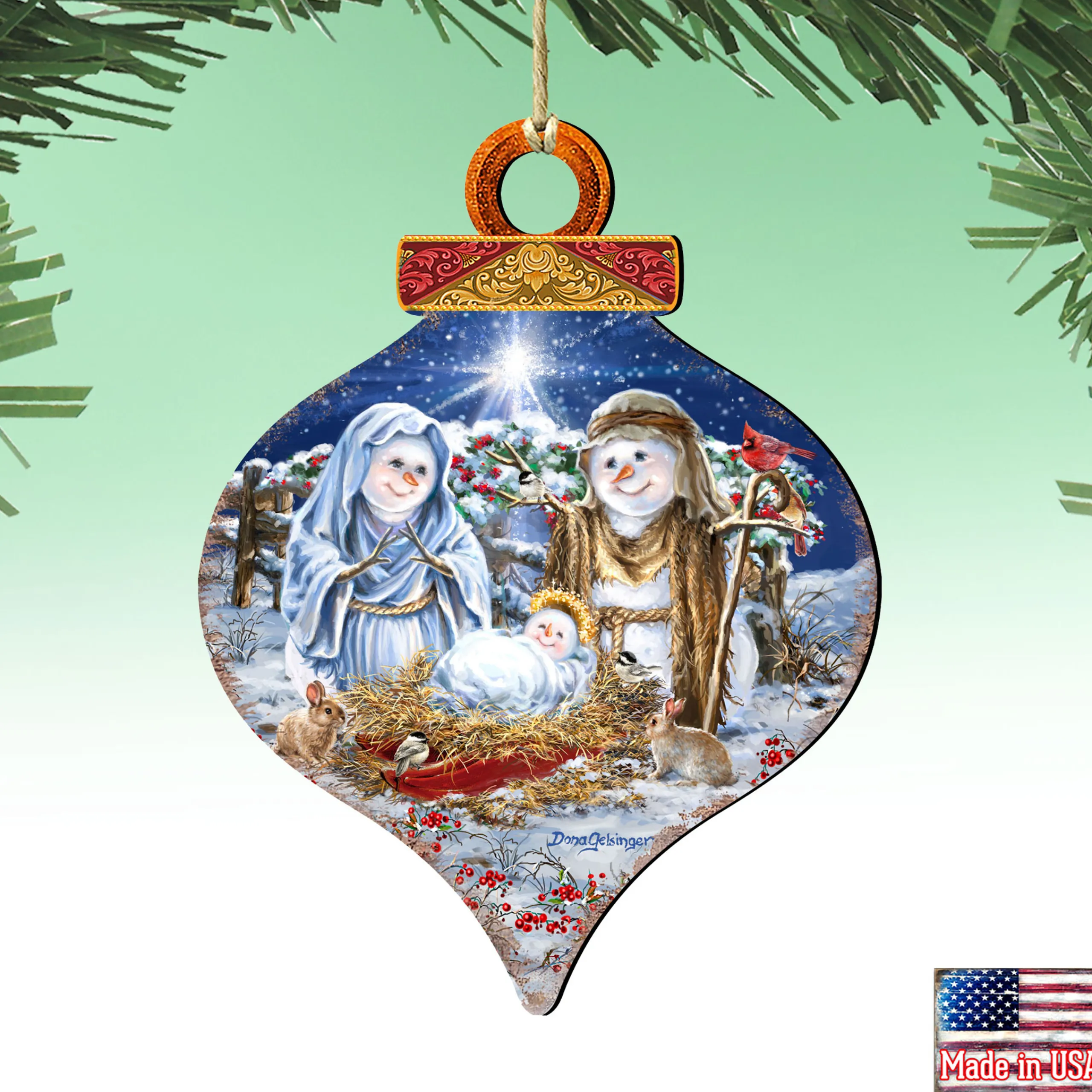 Designocracy Snowmen>Set Of 2 Snow Family Nativity Onion Shaped Wooden Christmas Ornaments 5.5"