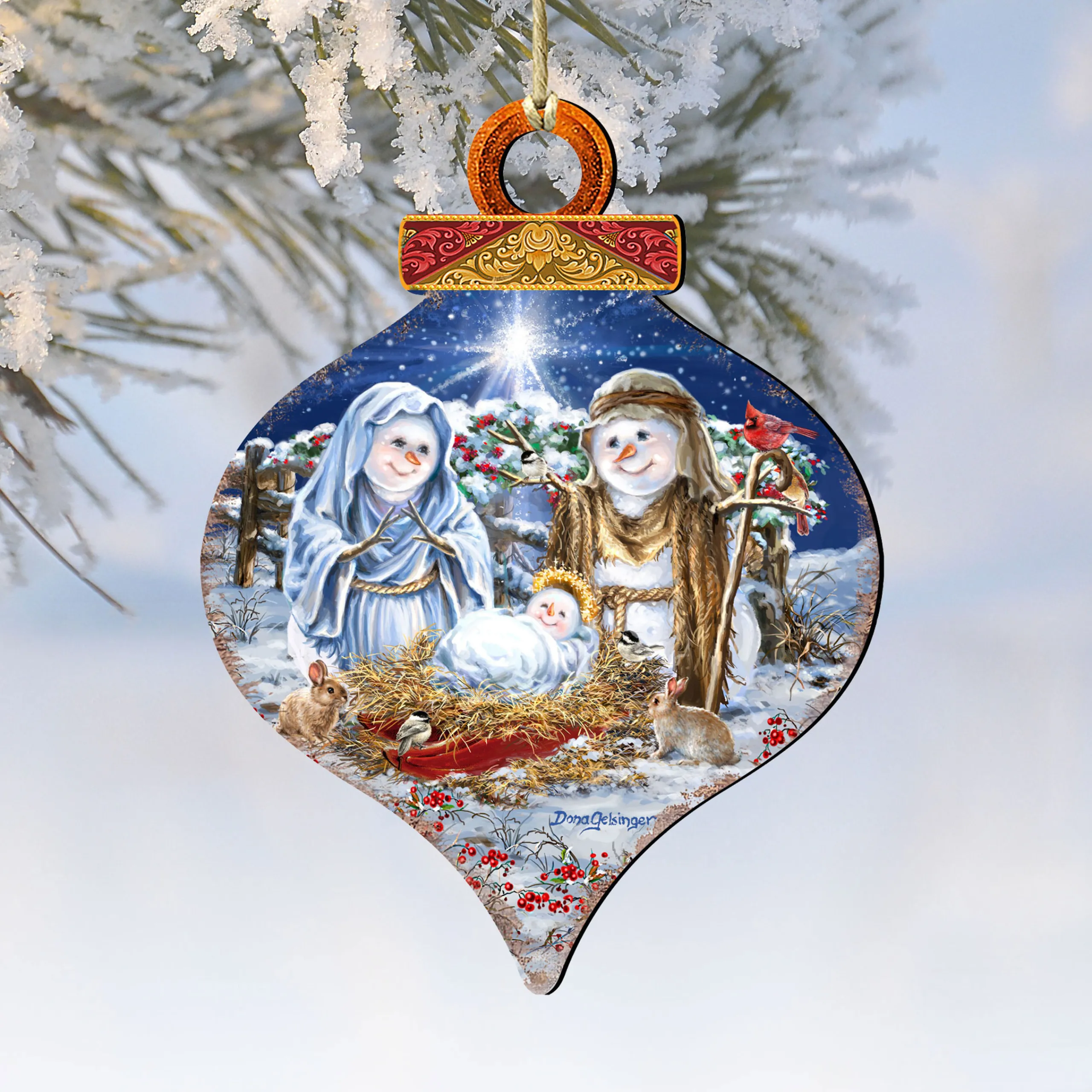 Designocracy Snowmen>Set Of 2 Snow Family Nativity Onion Shaped Wooden Christmas Ornaments 5.5"