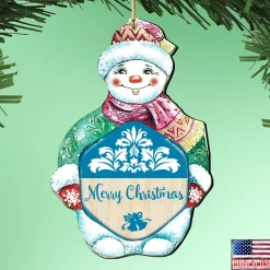 Designocracy Snowmen>Set Of 2 Snowman "Merry Christmas" Wooden Ornaments 5.5"