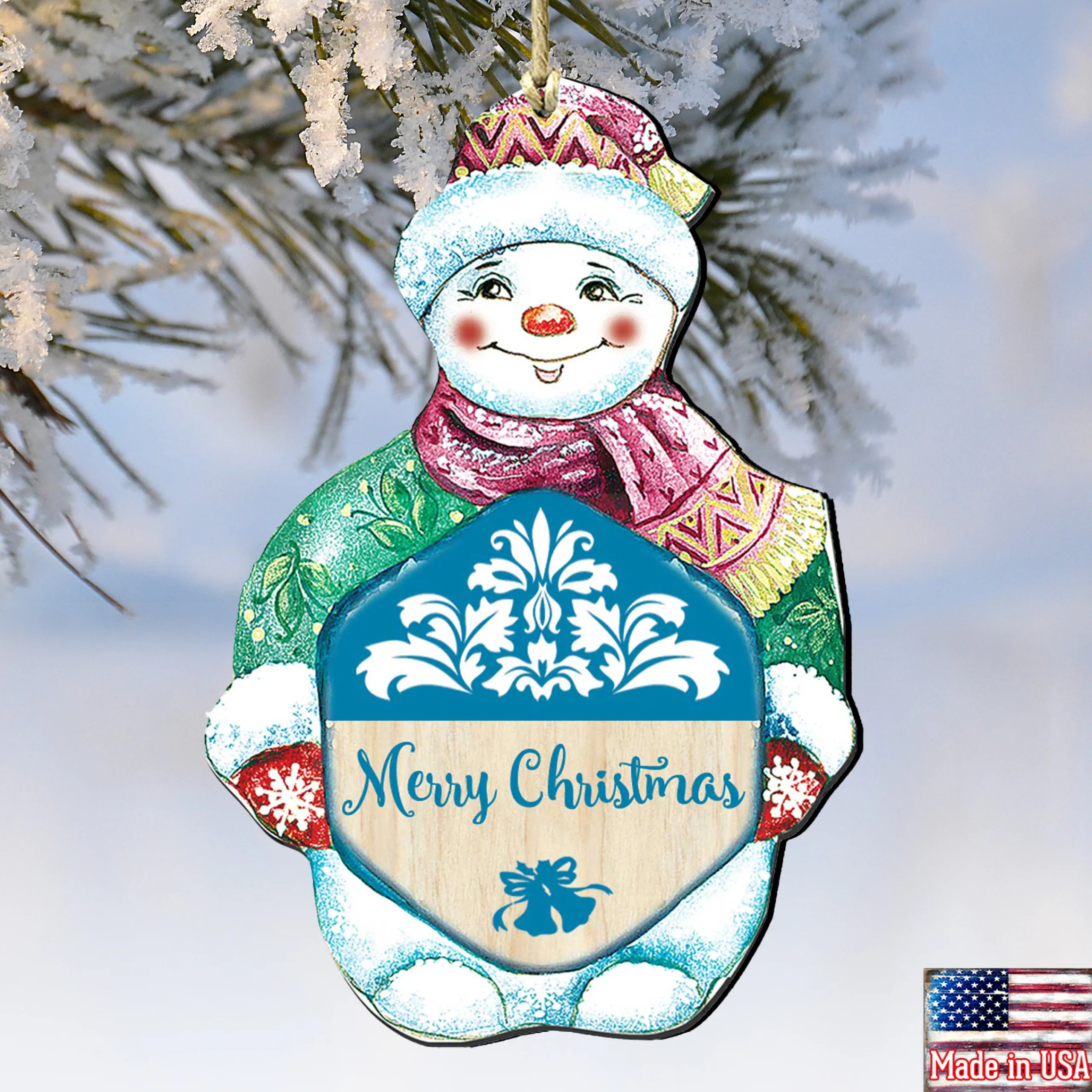 Designocracy Snowmen>Set Of 2 Snowman "Merry Christmas" Wooden Ornaments 5.5"