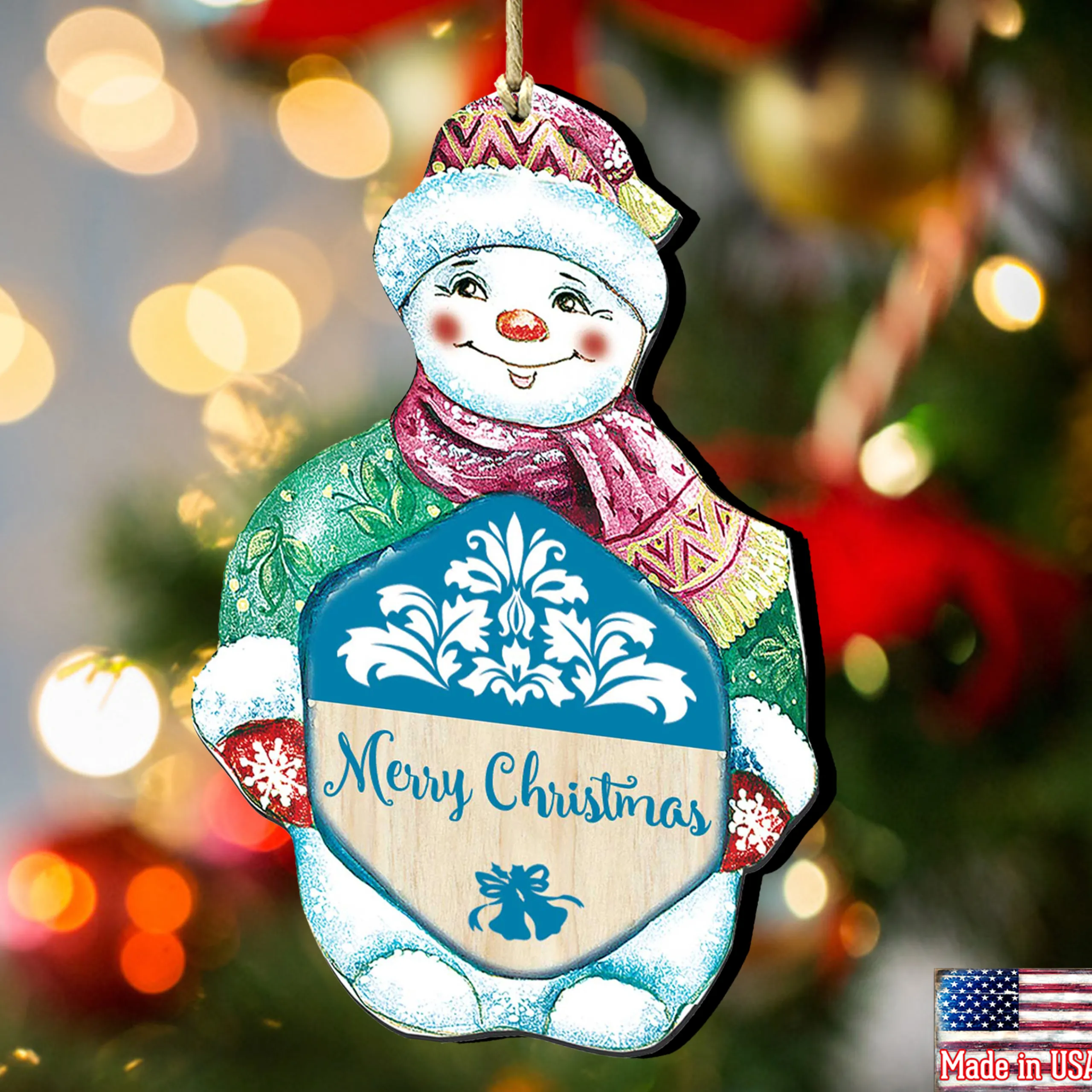 Designocracy Snowmen>Set Of 2 Snowman "Merry Christmas" Wooden Ornaments 5.5"