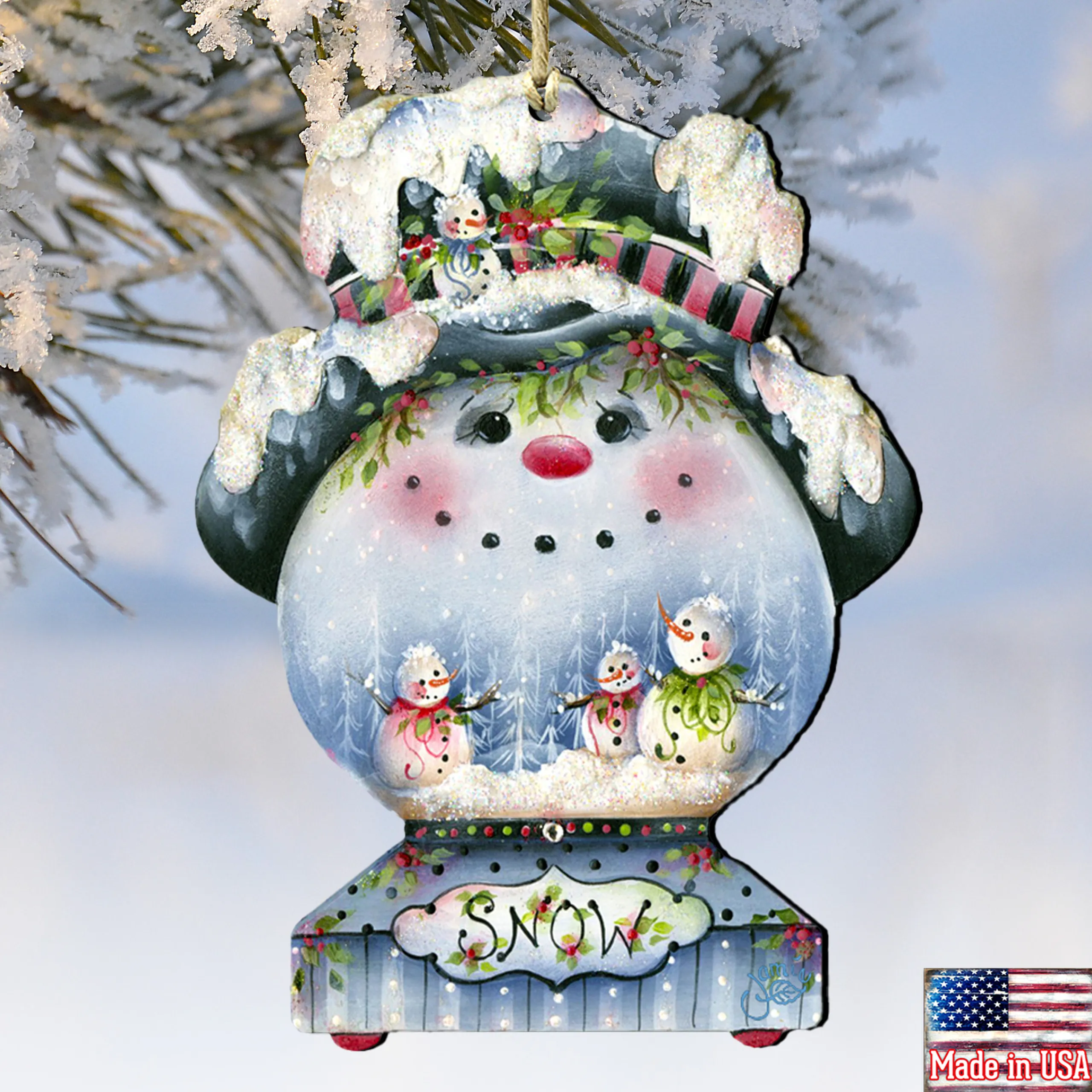 Designocracy Snowmen>Set Of 2 Snowman "Snow" Globe Wooden Christmas Ornaments 5.5"
