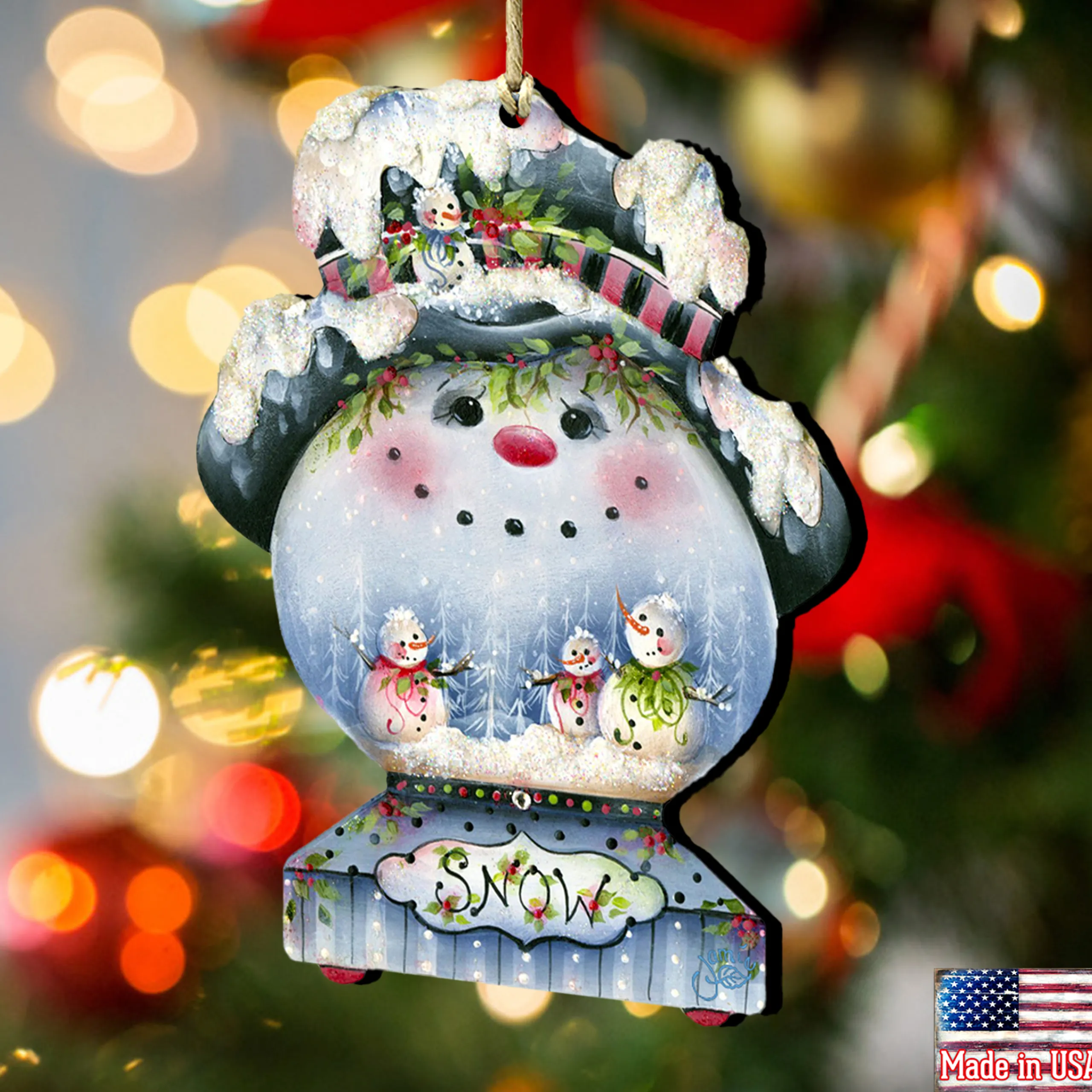 Designocracy Snowmen>Set Of 2 Snowman "Snow" Globe Wooden Christmas Ornaments 5.5"