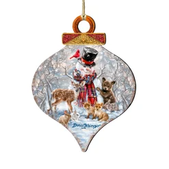 Designocracy Snowmen>Set Of 2 Snowman With Forest Friends Onion Shaped Wooden Ornaments 5.5"