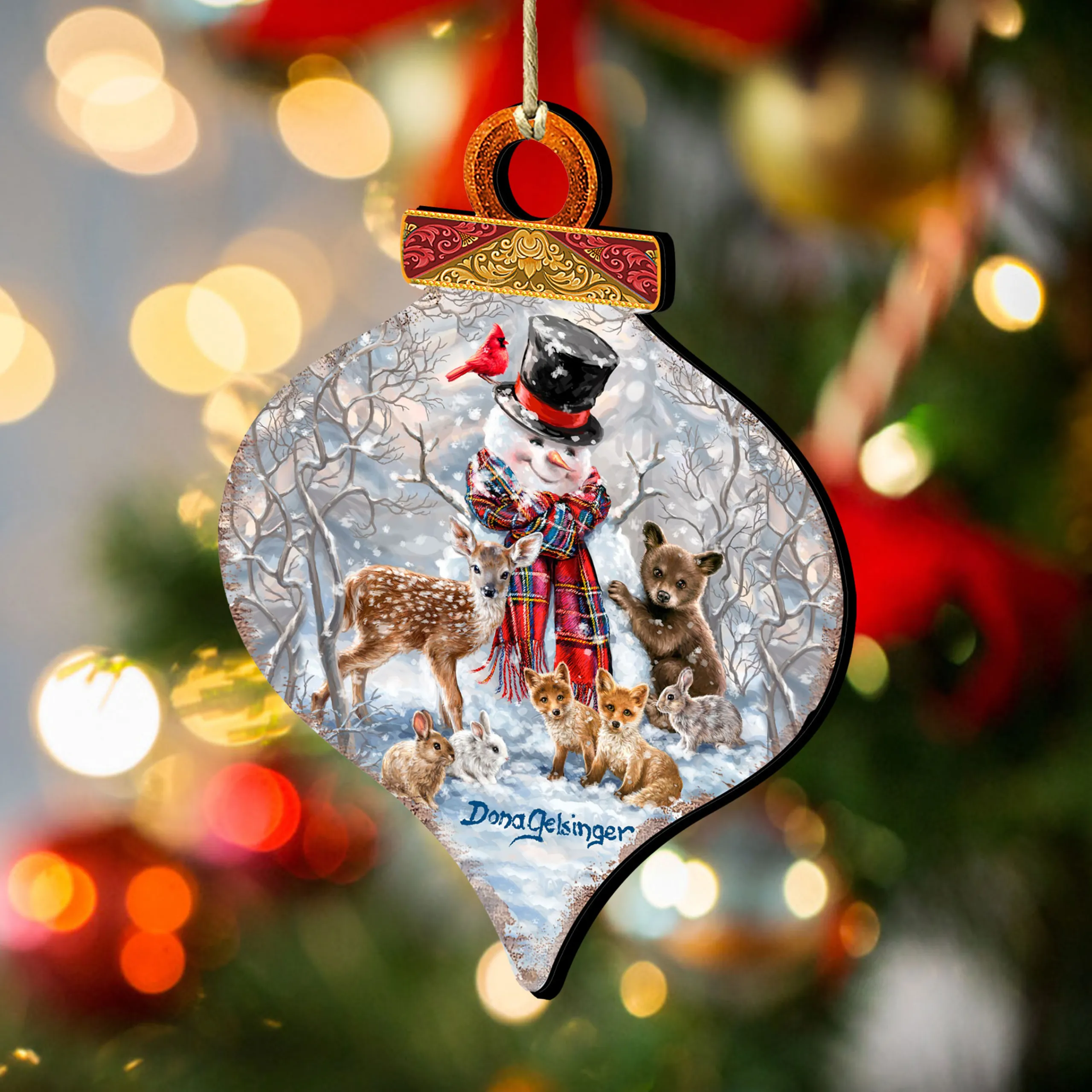 Designocracy Snowmen>Set Of 2 Snowman With Forest Friends Onion Shaped Wooden Ornaments 5.5"