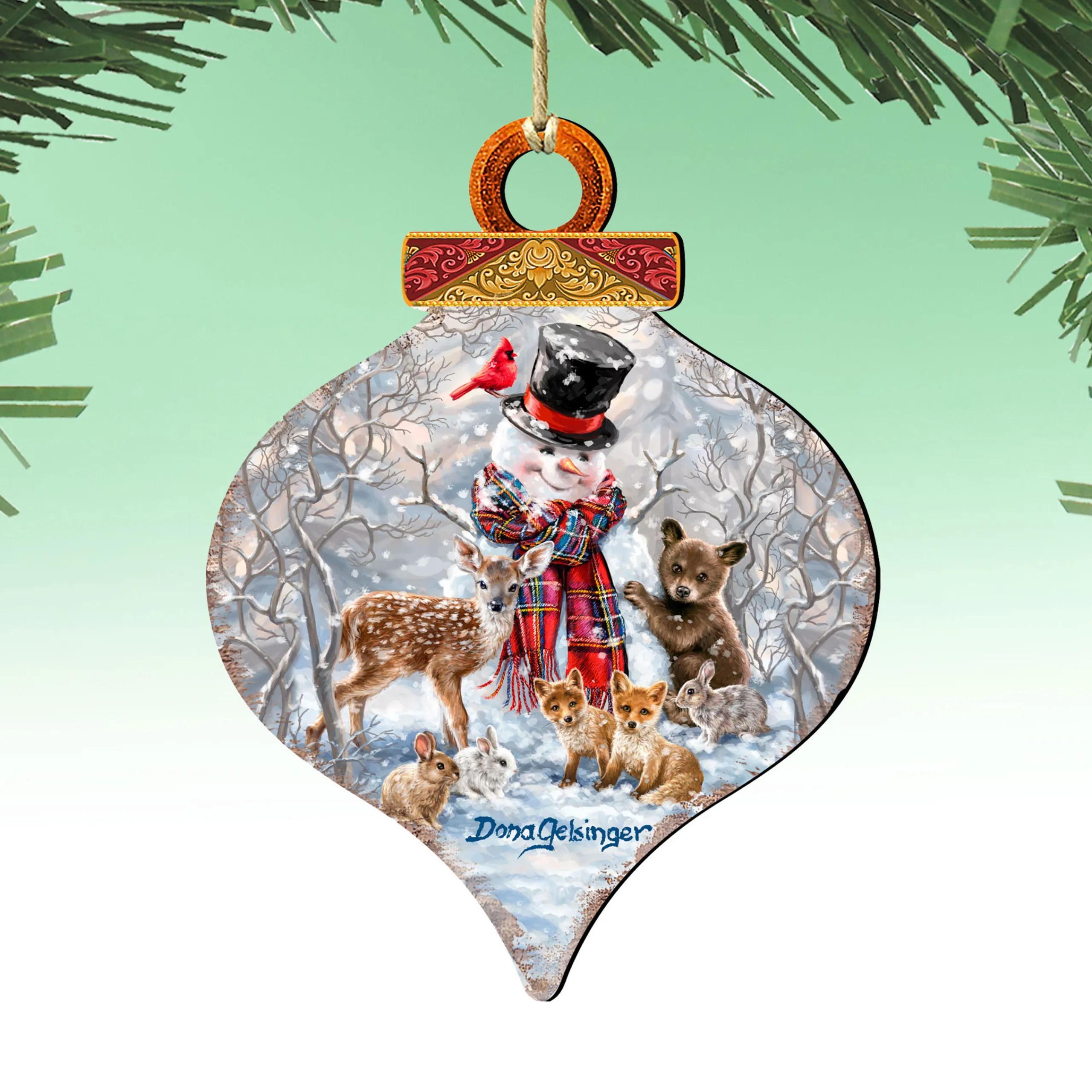 Designocracy Snowmen>Set Of 2 Snowman With Forest Friends Onion Shaped Wooden Ornaments 5.5"