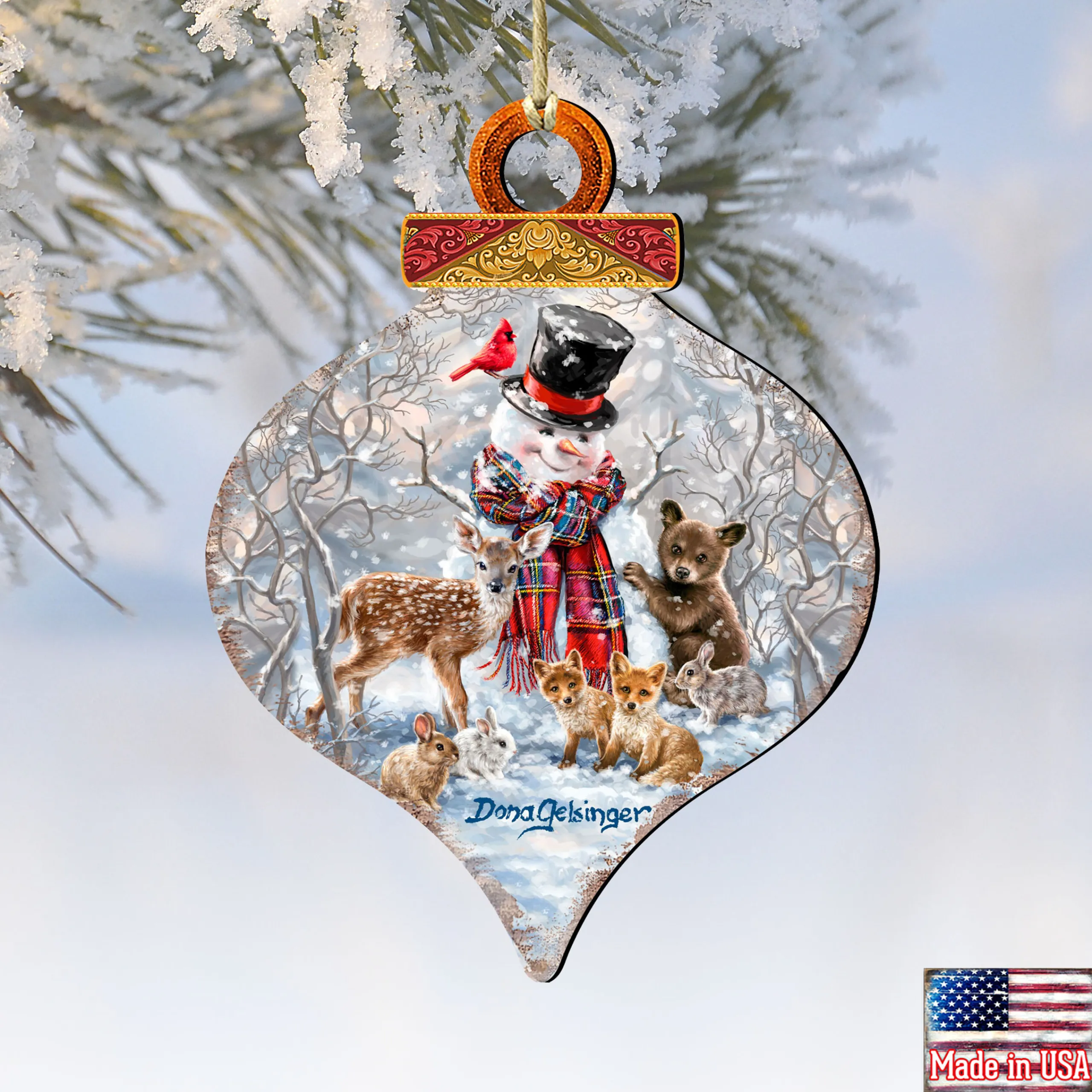 Designocracy Snowmen>Set Of 2 Snowman With Forest Friends Onion Shaped Wooden Ornaments 5.5"