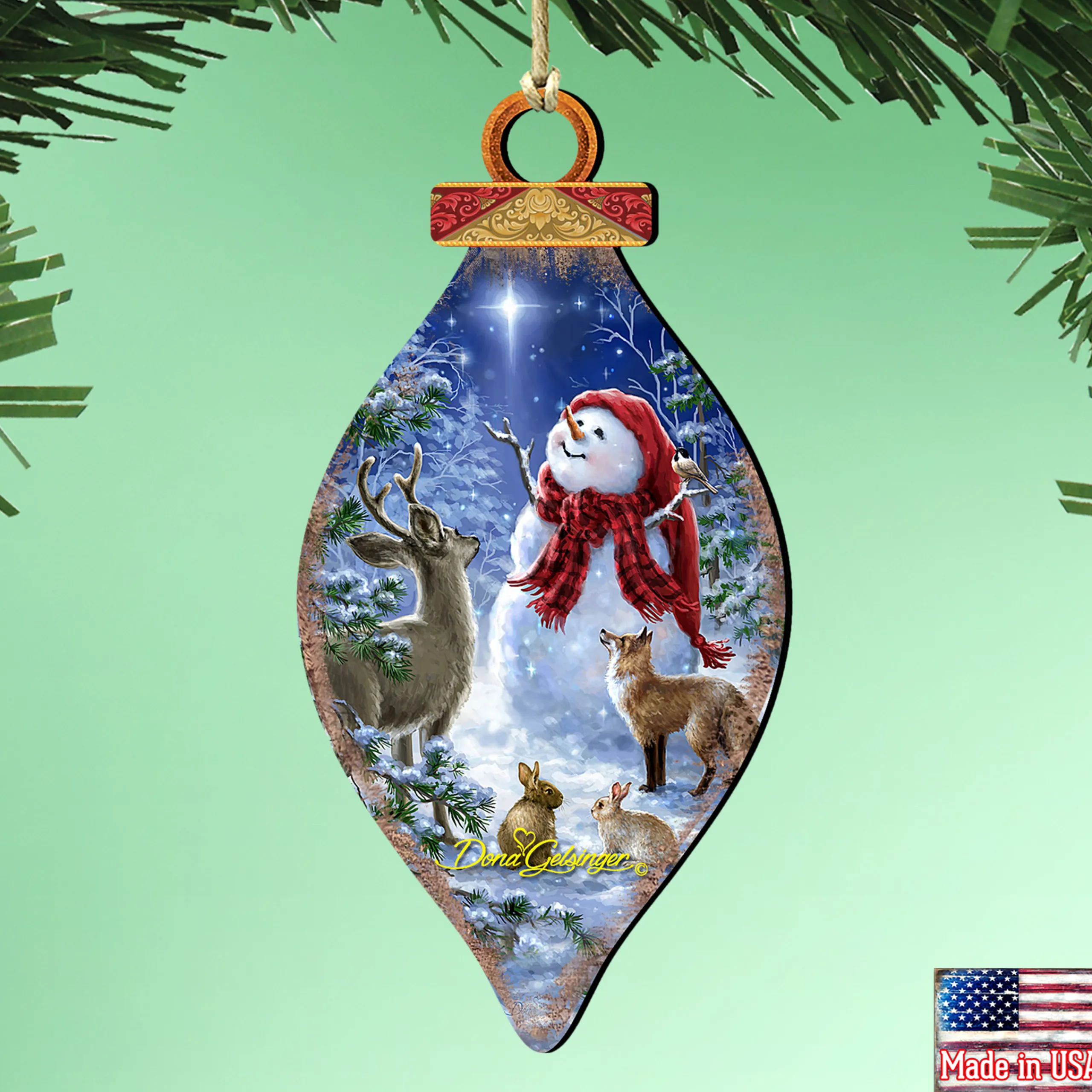 Designocracy Snowmen>Set Of 2 Snowman With The Animals Stargazing Wooden Christmas Ornaments 5.5"