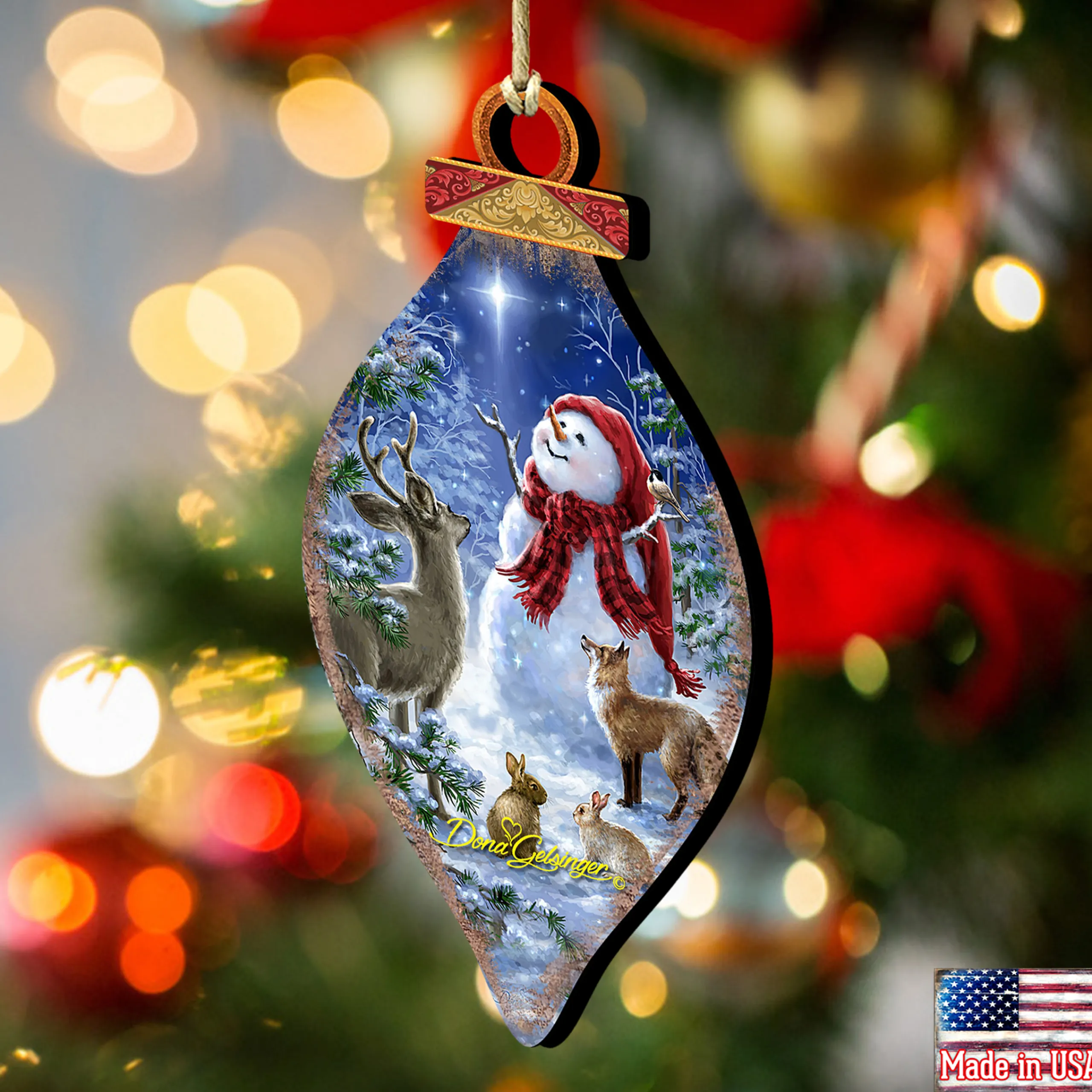 Designocracy Snowmen>Set Of 2 Snowman With The Animals Stargazing Wooden Christmas Ornaments 5.5"