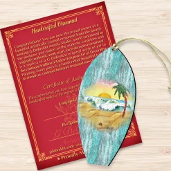 Designocracy Beach & Tropical></noscript>Set Of 2 Surfboard Beach Scene Wooden Christmas Ornaments 5.5