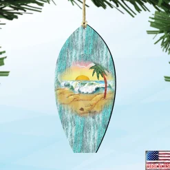 Designocracy Beach & Tropical></noscript>Set Of 2 Surfboard Beach Scene Wooden Christmas Ornaments 5.5