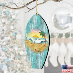 Designocracy Beach & Tropical></noscript>Set Of 2 Surfboard Beach Scene Wooden Christmas Ornaments 5.5