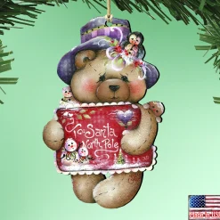 Designocracy Snowmen>Set Of 2 Teddy Bear "To Santa North Pole" Wooden Christmas Ornaments 5.5"