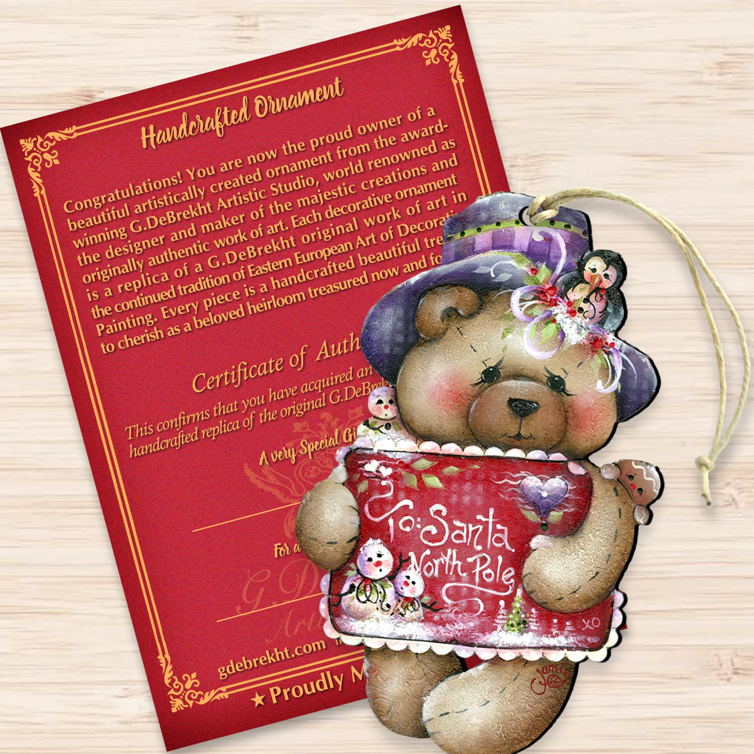 Designocracy Snowmen>Set Of 2 Teddy Bear "To Santa North Pole" Wooden Christmas Ornaments 5.5"