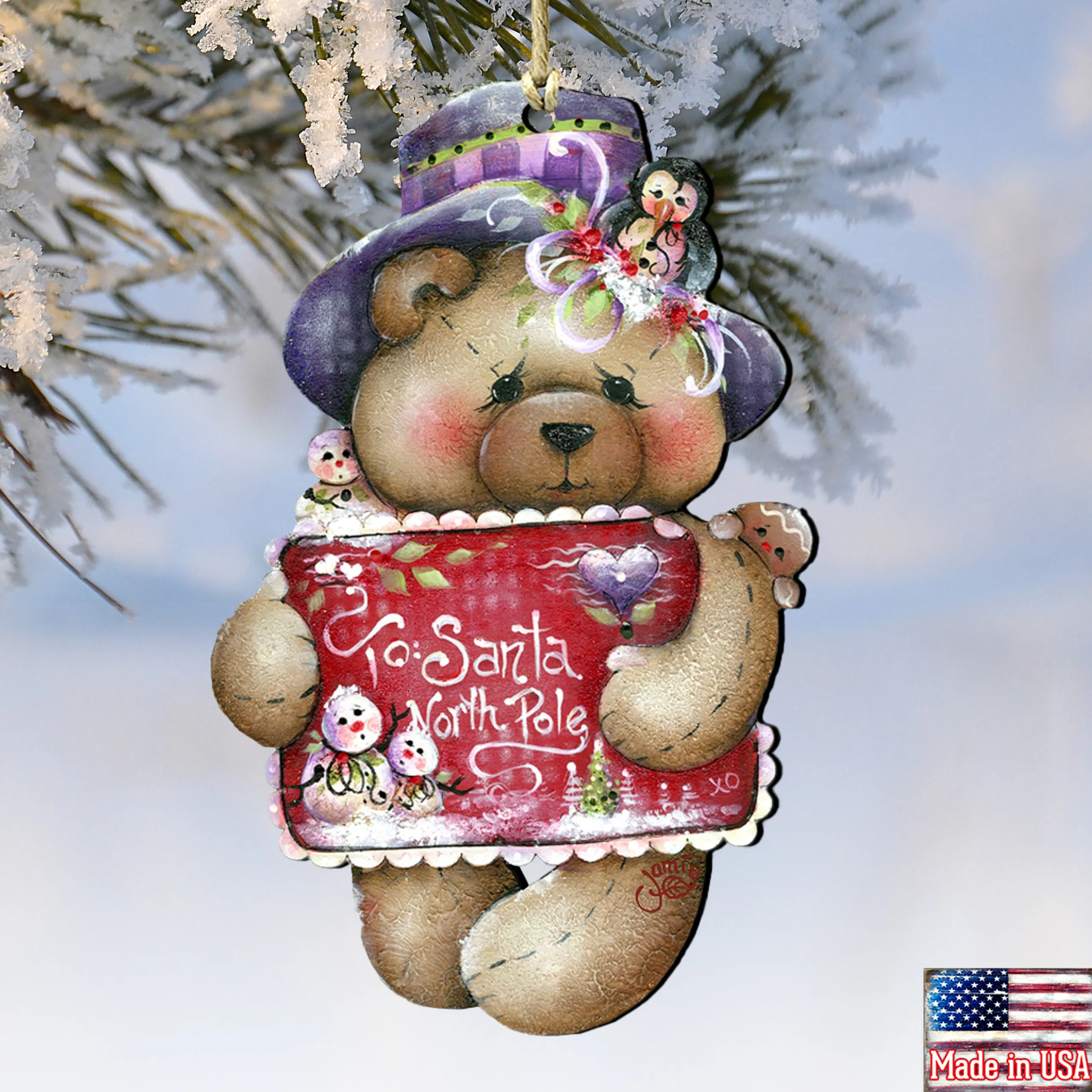 Designocracy Snowmen>Set Of 2 Teddy Bear "To Santa North Pole" Wooden Christmas Ornaments 5.5"