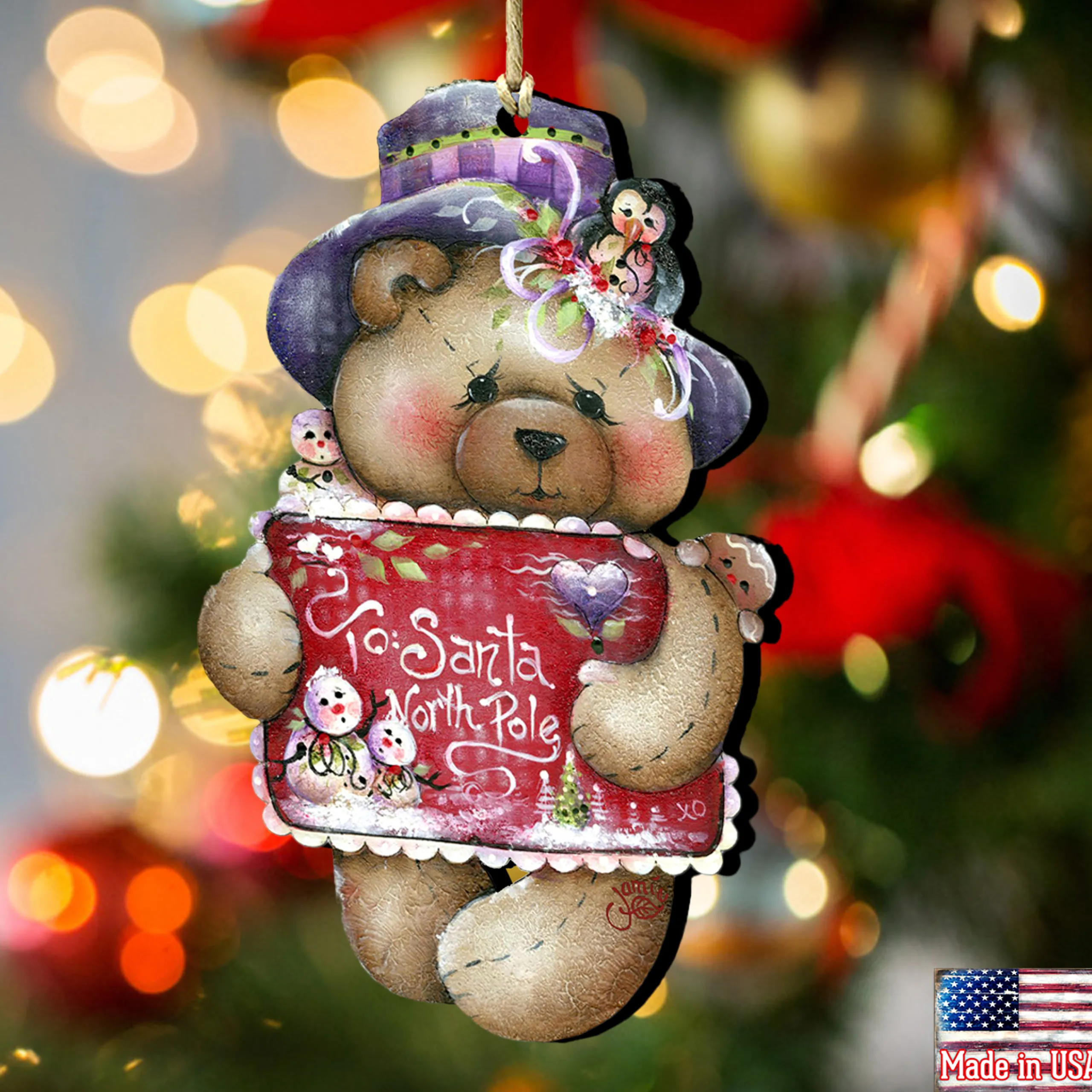 Designocracy Snowmen>Set Of 2 Teddy Bear "To Santa North Pole" Wooden Christmas Ornaments 5.5"