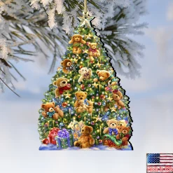 Designocracy Stars></noscript>Set Of 2 Teddy Bear Tree With Gifts Wooden Christmas Ornaments 5.5