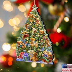 Designocracy Stars></noscript>Set Of 2 Teddy Bear Tree With Gifts Wooden Christmas Ornaments 5.5