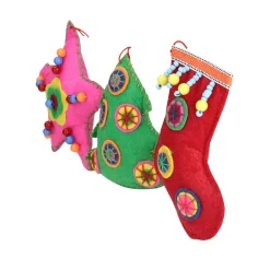 Raz Stars></noscript>Set Of 3 Vibrantly Colored Bohemian Plush Star, Tree, And Stocking Christmas Ornaments 5