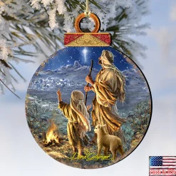 Designocracy Nativity & Religious></noscript>Set Of 2 Watching Shepherds Round Wooden Christmas Ornaments 5.5