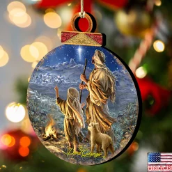 Designocracy Nativity & Religious></noscript>Set Of 2 Watching Shepherds Round Wooden Christmas Ornaments 5.5