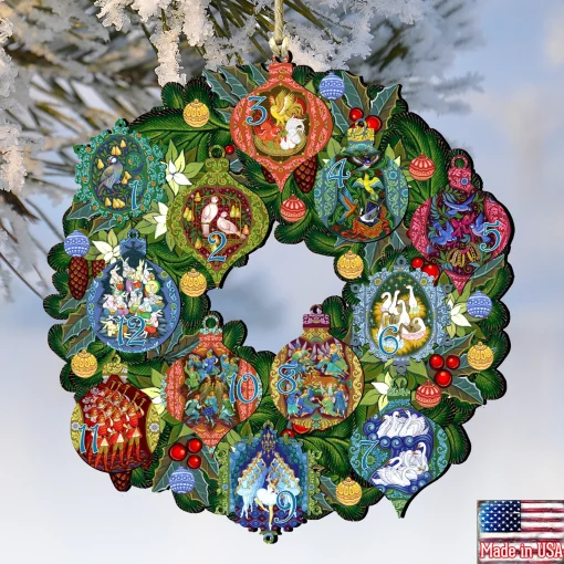 Designocracy Entertainment>Set Of 2 Wreath With 12 Days Of Christmas Wooden Ornaments 5.5"