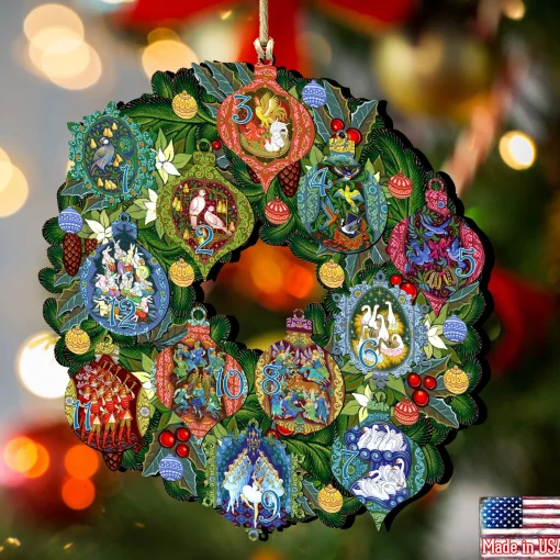 Designocracy Entertainment>Set Of 2 Wreath With 12 Days Of Christmas Wooden Ornaments 5.5"