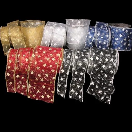 The Ribbon People Shimmering Navy And Silver Sheer Glitter Star Print Fuzzy Wired Craft Ribbon 2" X 20 Yards