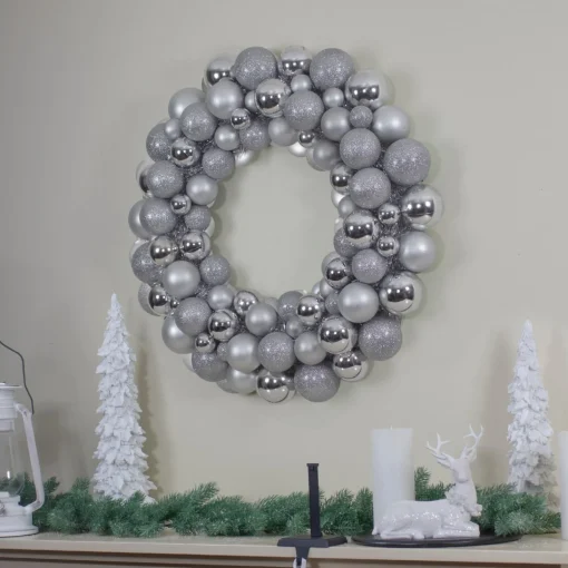 Shatterproof Ball Wreaths*Northlight Silver Splendor 3-Finish Shatterproof Ball Christmas Wreath 24" - Unlit