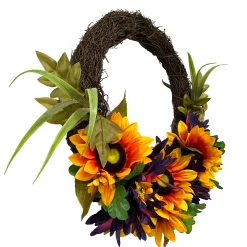 Northlight Sunflower And Mum Twig Autumn Artificial Floral Wreath, 20-Inch