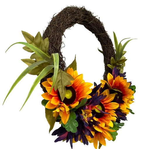 Northlight Sunflower And Mum Twig Autumn Artificial Floral Wreath, 20-Inch