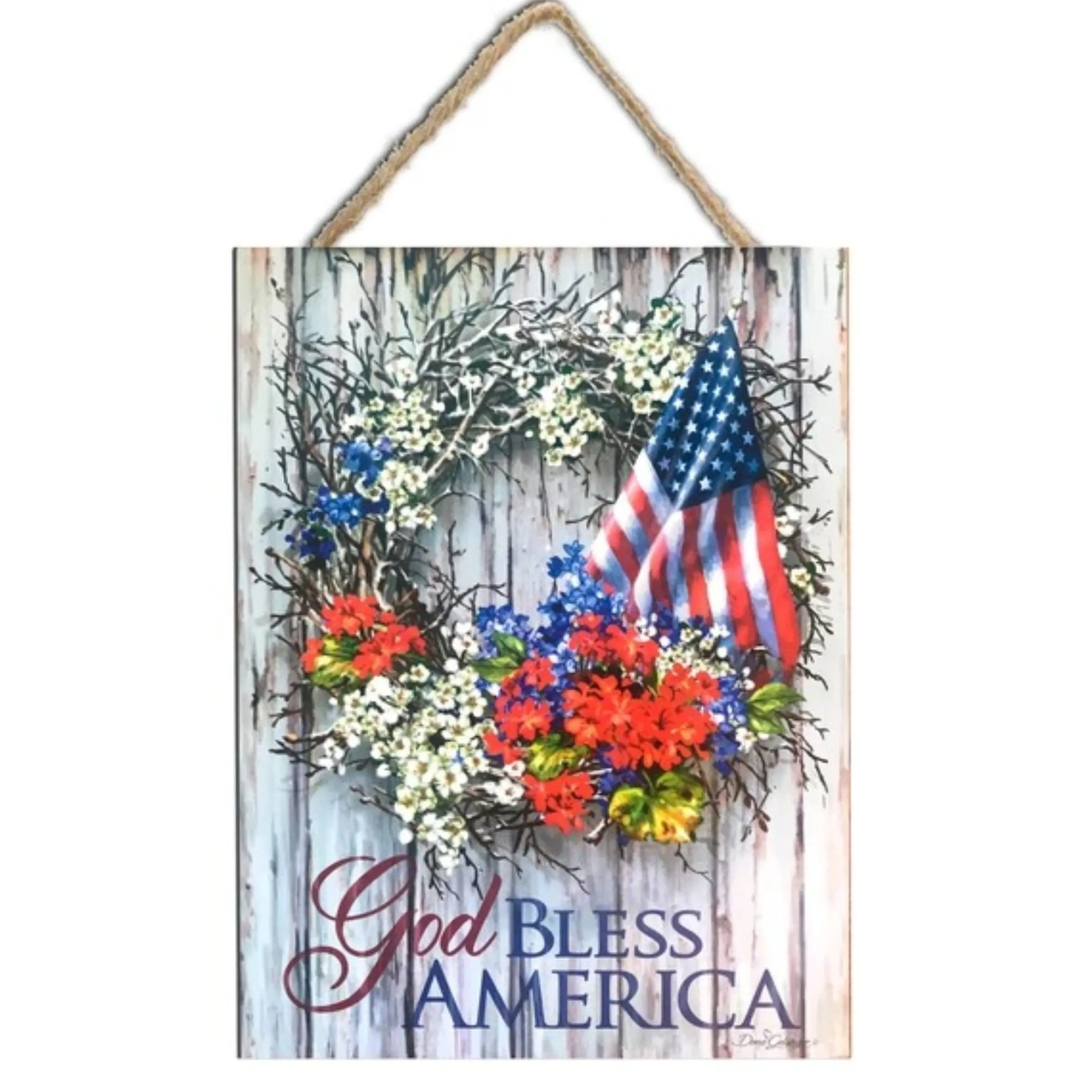 Glow Decor White And Blue "God Bless America" Printed Rectangular Wall Sign With Rope Hanger 10" X 7.5"