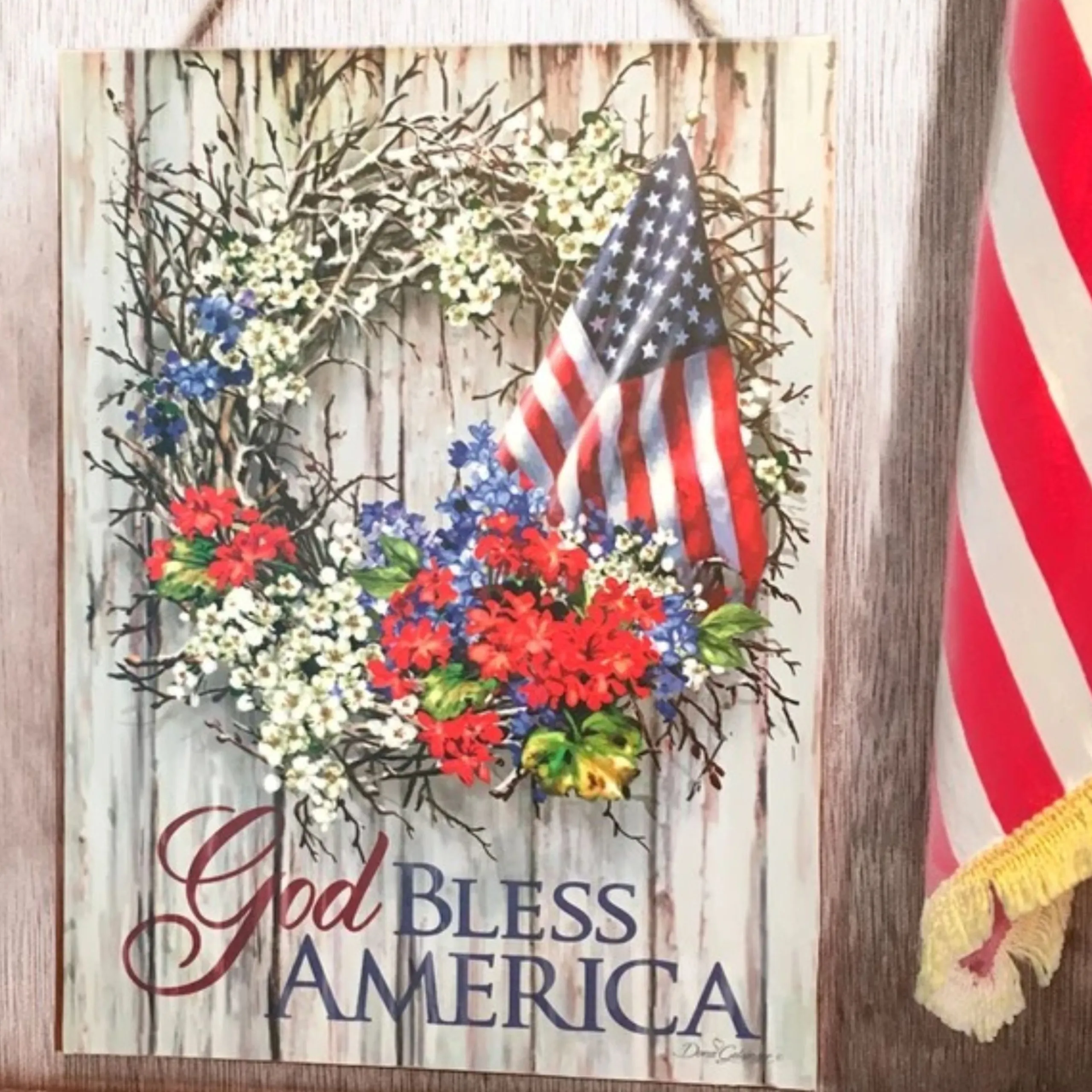 Glow Decor White And Blue "God Bless America" Printed Rectangular Wall Sign With Rope Hanger 10" X 7.5"