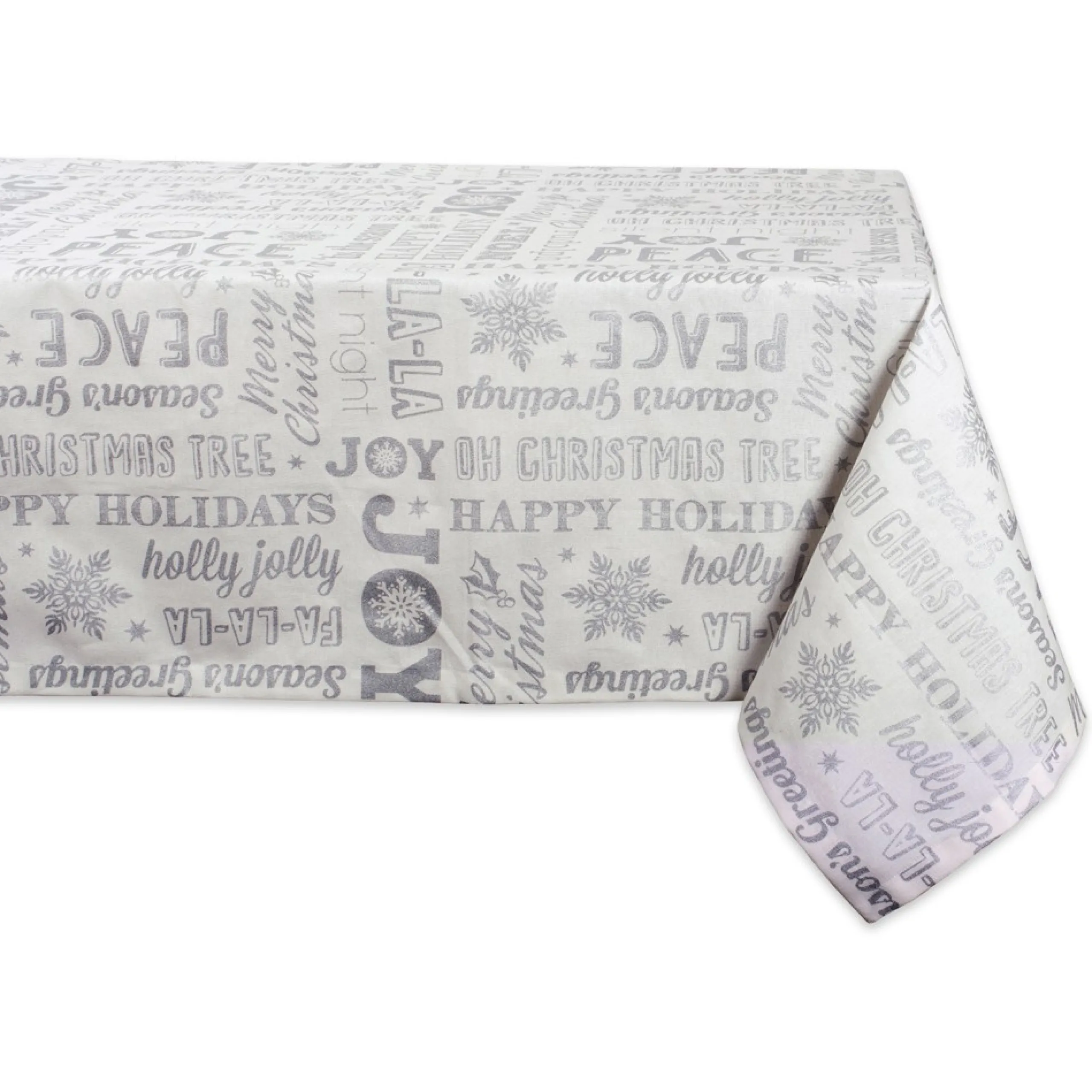 Linens*CC Home Furnishings White And Metallic Silver Colored Christmas Collage Rectangular Tablecloth 60" X 84"