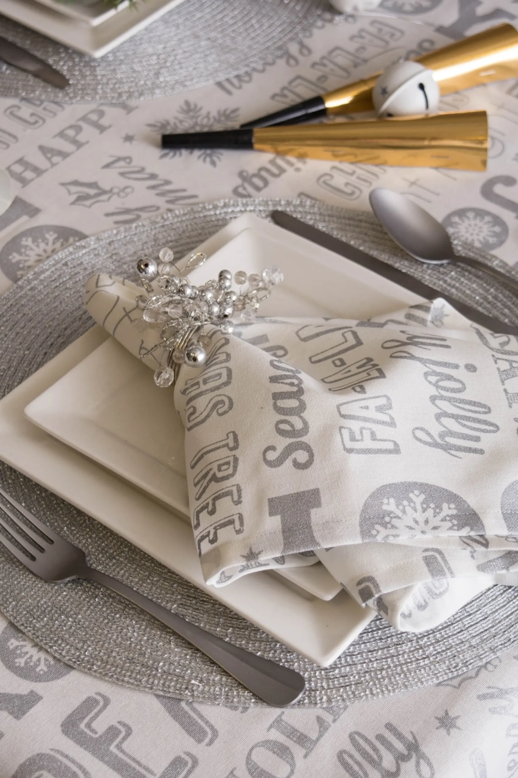 Linens*CC Home Furnishings White And Metallic Silver Colored Christmas Collage Rectangular Tablecloth 60" X 84"