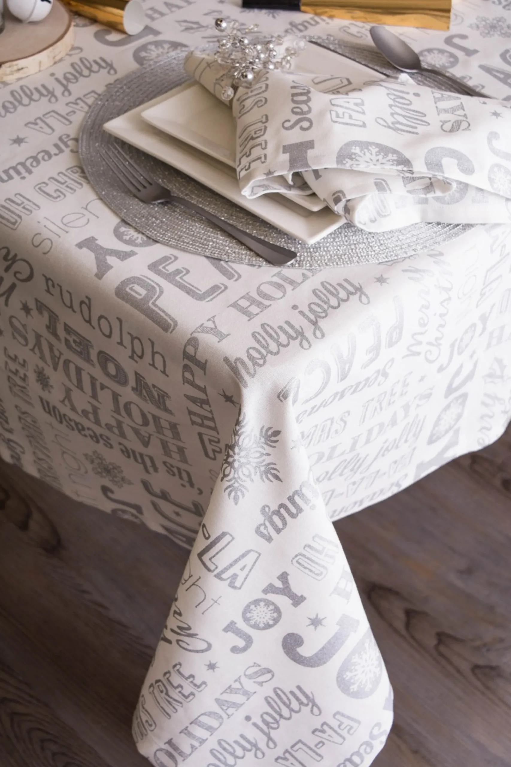 Linens*CC Home Furnishings White And Metallic Silver Colored Christmas Collage Rectangular Tablecloth 60" X 84"